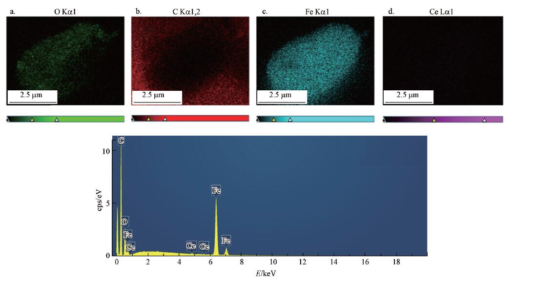 圖2 催化劑中O（a）、C（b）、Fe（c）、Ce（d）的Mapping 圖及EDS 譜圖